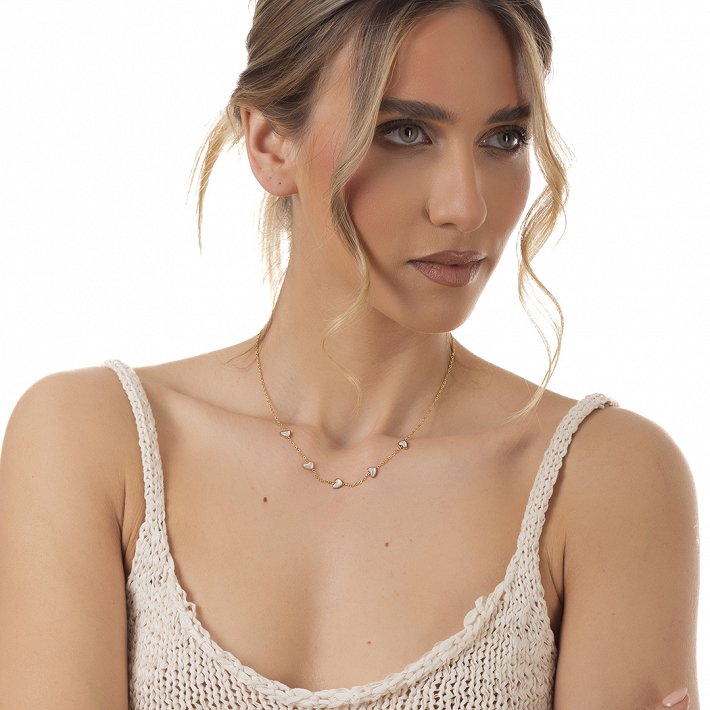 Oxzen γυναικείο ατσάλινο κολιέ με καρδιές οπάλιο