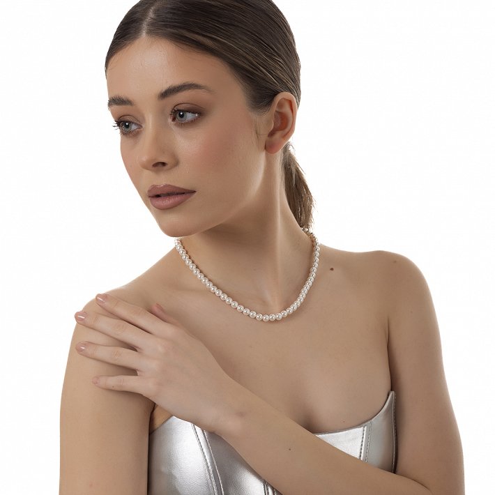 Oxzen γυναικείο ατσάλινο κολιέ με πέρλες 7mm