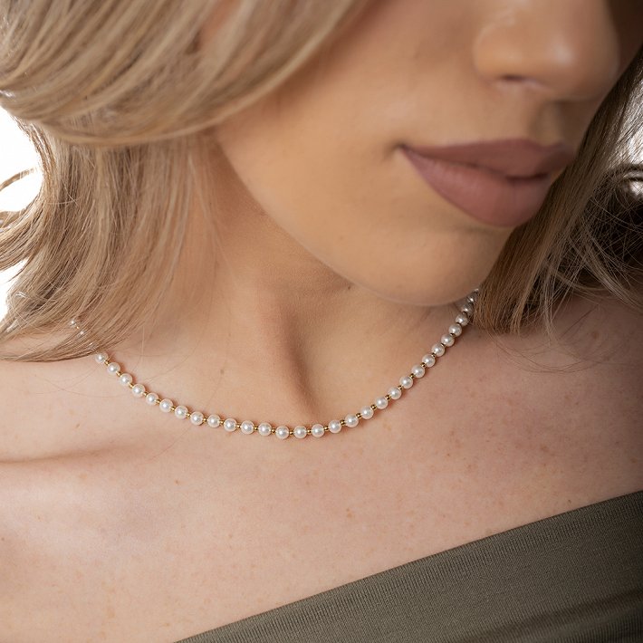 Oxzen γυναικείο ατσάλινο κολιέ με πέρλες 4mm