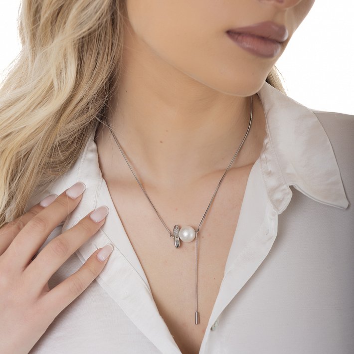 Oxzen ατσάλινο κολιέ γραβάτα με πέρλα