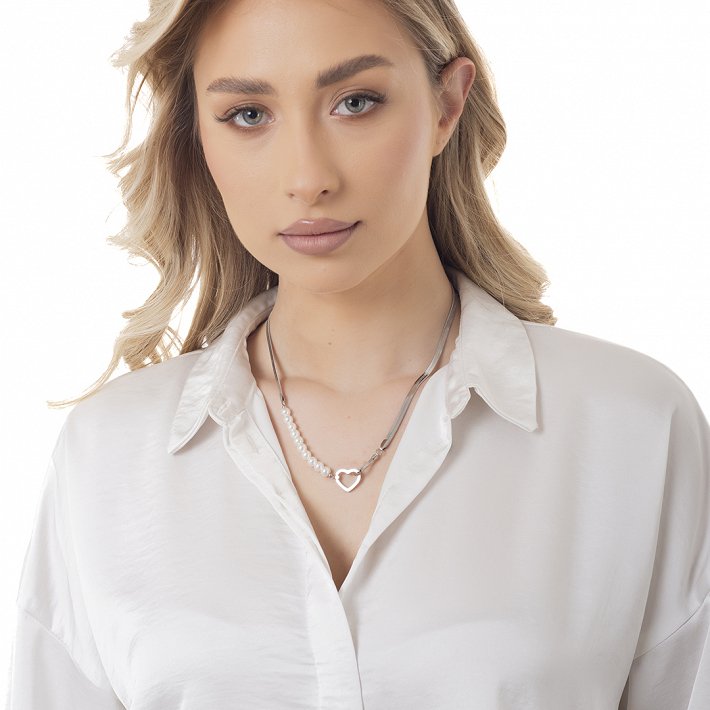 Oxzen ατσάλινο κολιέ με πέρλες