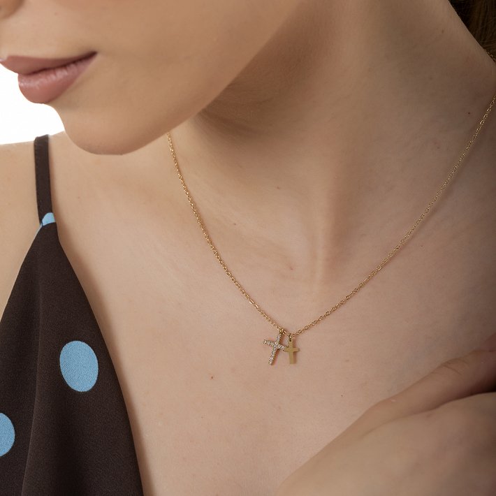 Oxzen ατσάλινο γυναικείο κολιέ διπλός σταυρός