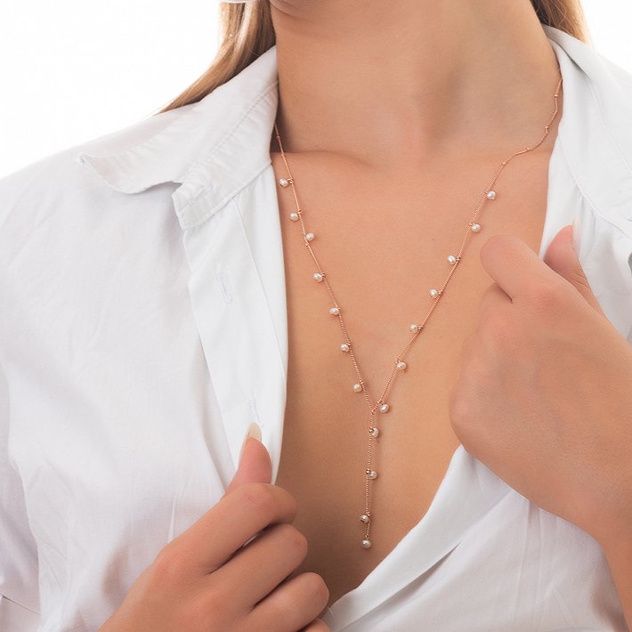 Oxzen κολιέ ασημένιο γραβάτα με πέρλες