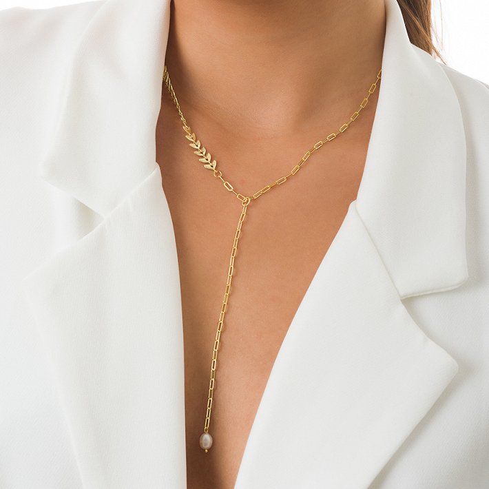 Oxzen κολιέ ασημένιο γραβάτα με πέρλα