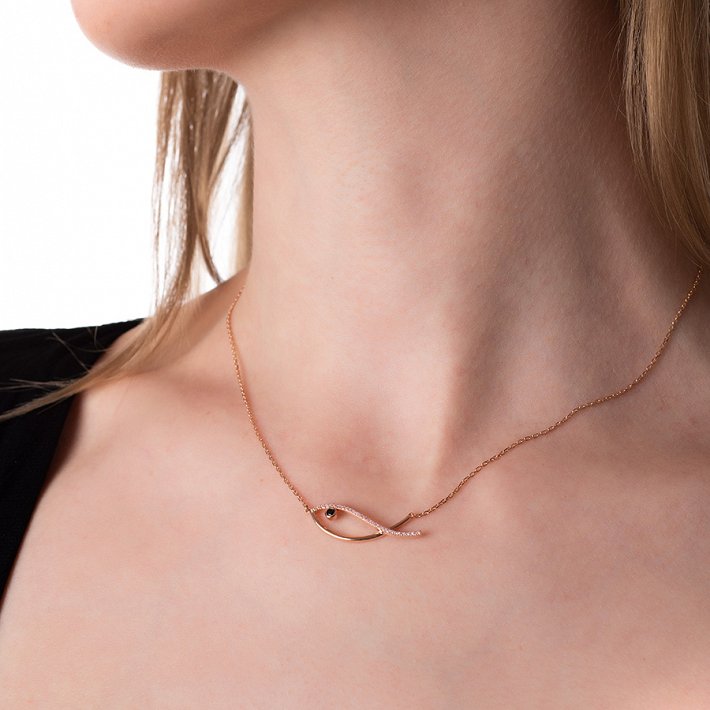 Oxzen κολιέ ασημένιο ψαράκι με πέτρες ζιργκόν