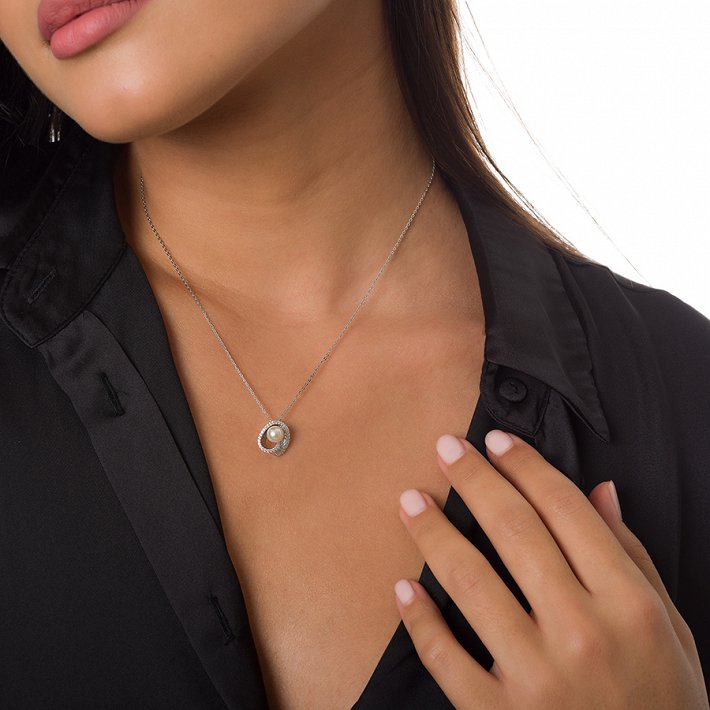 Oxzen κολιέ ασημένιο με ζιργκόν και πέρλα Majorica