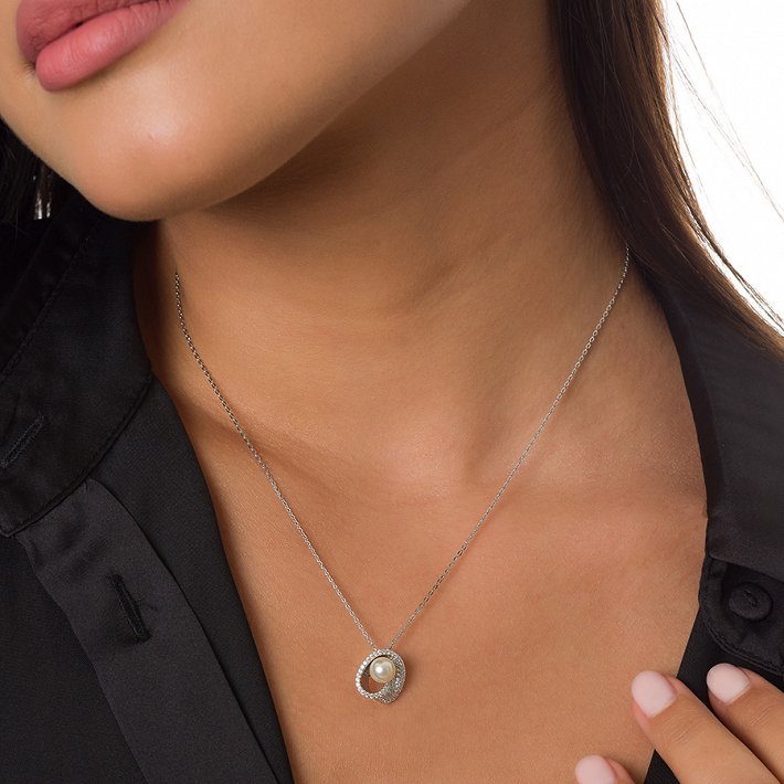 Oxzen κολιέ ασημένιο με ζιργκόν και πέρλα Majorica