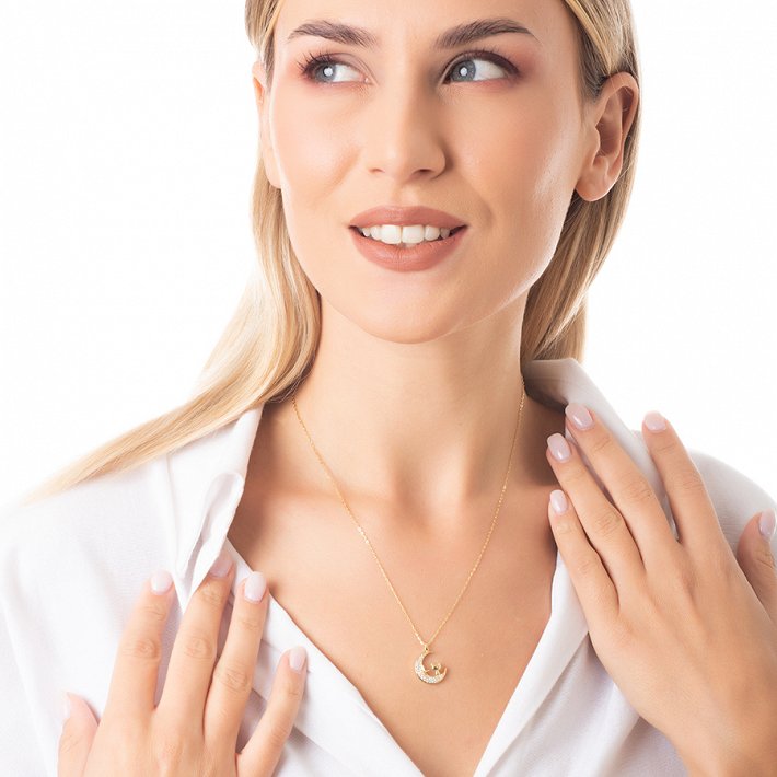 Oxzen κολιέ ασημένιο μισοφέγγαρο με γατούλα