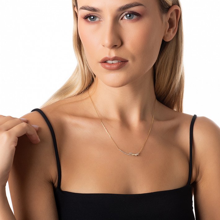 Oxzen κολιέ ασημένιο φιόγκος με λευκά ζιργκόν