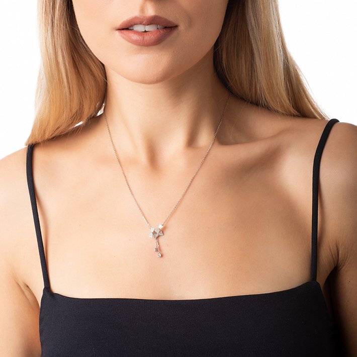 Oxzen κολιέ ασημένιο γραβάτα με φιογκάκια από φίλντισι και ζιργκόν