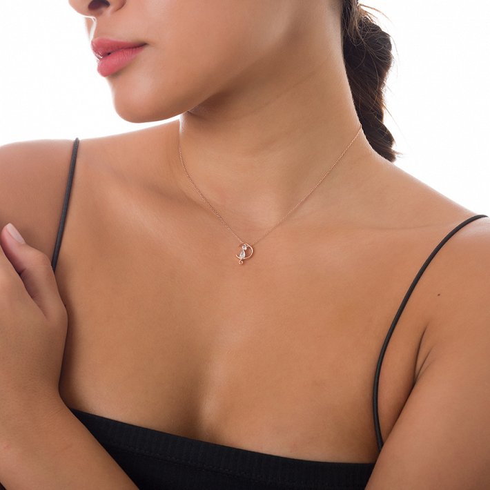 Oxzen κολιέ ασημένιο γατούλα με λευκά ζιργκόν