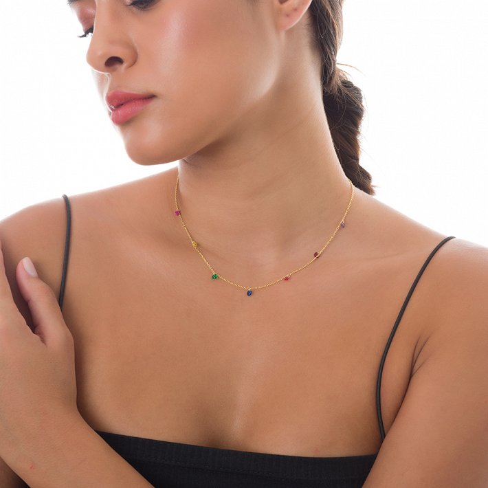 Oxzen κολιέ ασημένιο με πολύχρωμες πέτρες κρύσταλλα CZ