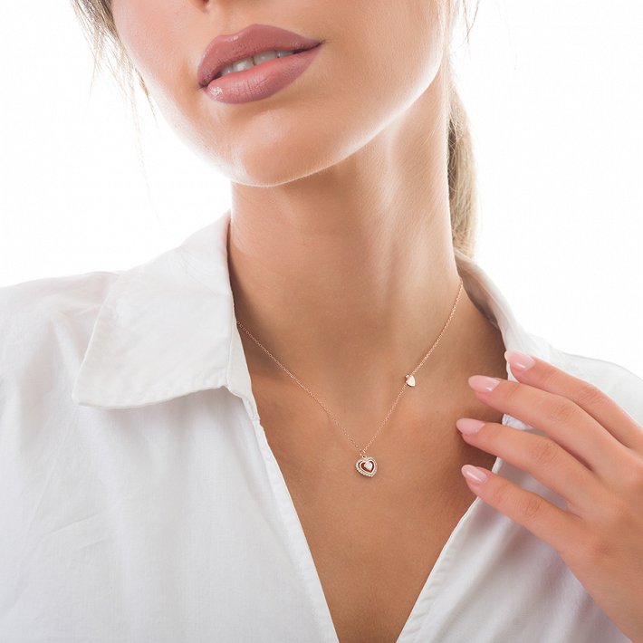 Oxzen κολιέ ασημένιο επιπλατινωμένο καρδιά λεπτή με λευκά ζιργκόν