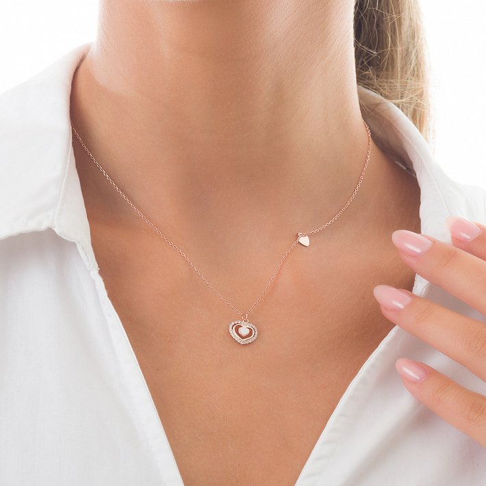 Oxzen κολιέ ασημένιο επιπλατινωμένο καρδιά λεπτή με λευκά ζιργκόν