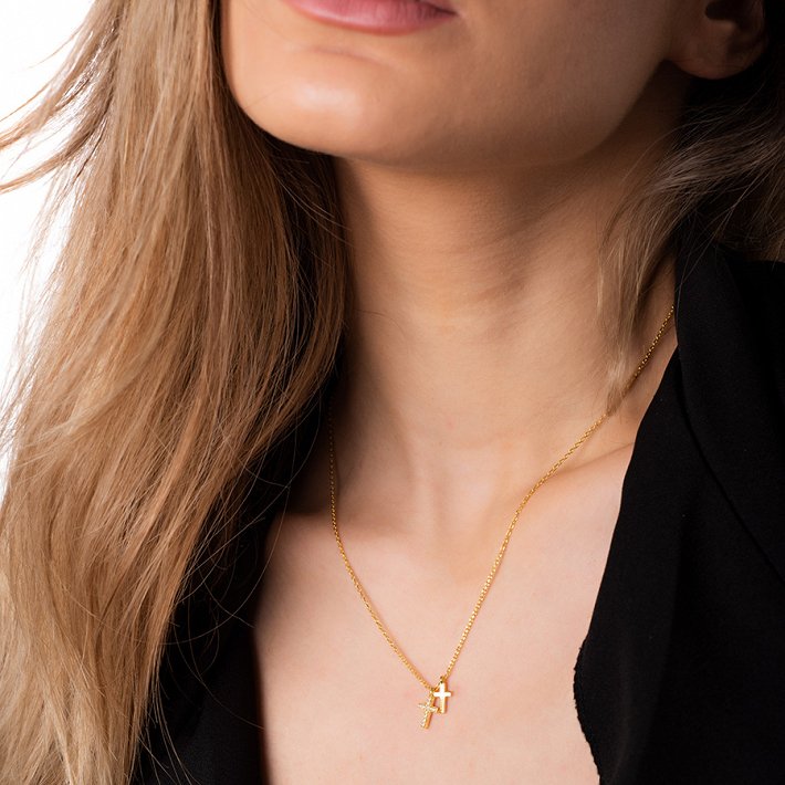 Oxzen ασημένιο κολιέ με διπλό σταυρό