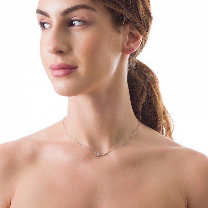 Oxzen σταυρός ξαπλωτός ασημένιος με πέτρες ζιργκόν