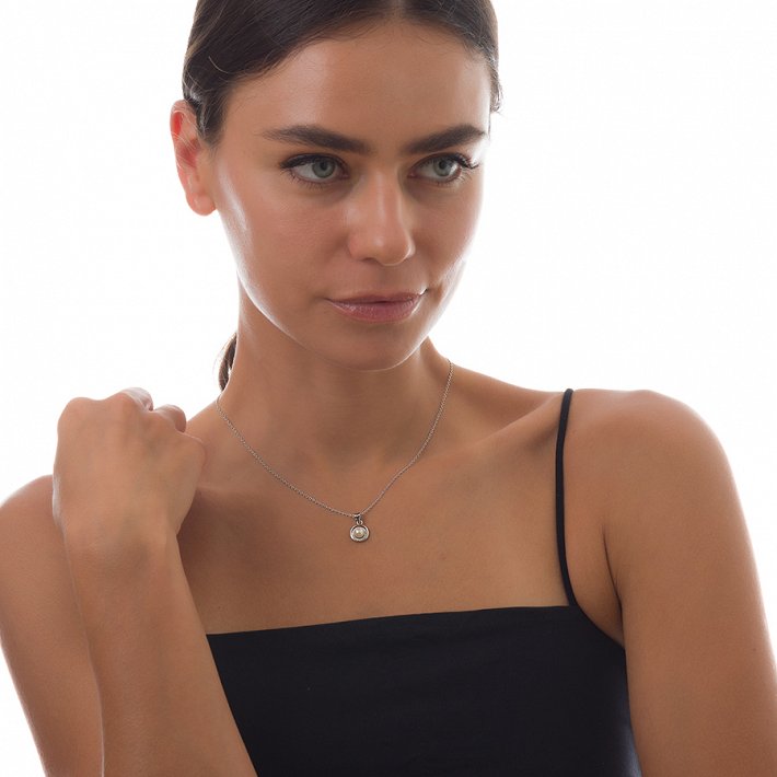 Oxzen γυναικείο κολιέ ασημένιο με πέρλα και λευκά ζιργκόν