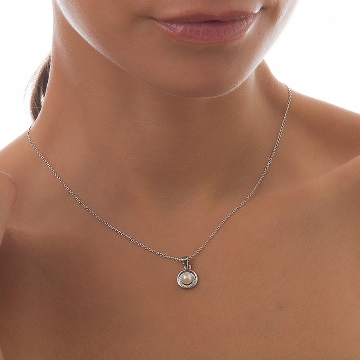 Oxzen γυναικείο κολιέ ασημένιο με πέρλα και λευκά ζιργκόν