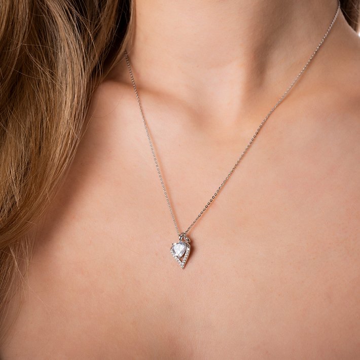 Oxzen κολιέ ασημένιο καρδιά με λευκό ζιργκόν