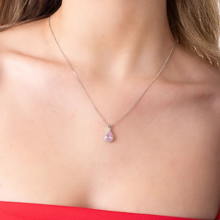 Oxzen κολιέ ασημένιο δάκρυ με λευκό ζιργκόν