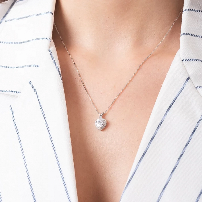 Oxzen κολιέ ασημένιο καρδούλα με λευκά ζιργκόν