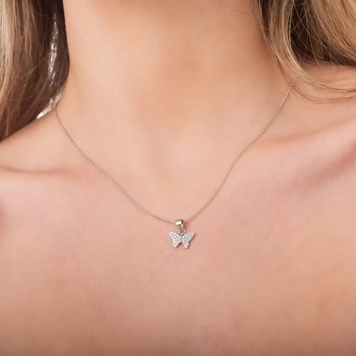 Oxzen κολιέ ασημένιο πεταλούδα με λευκά ζιργκόν