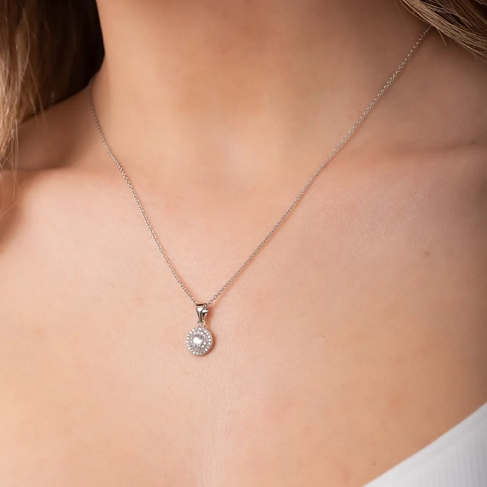 Oxzen κολιέ ασημένιο μονόπετρο με λευκά ζιργκόν