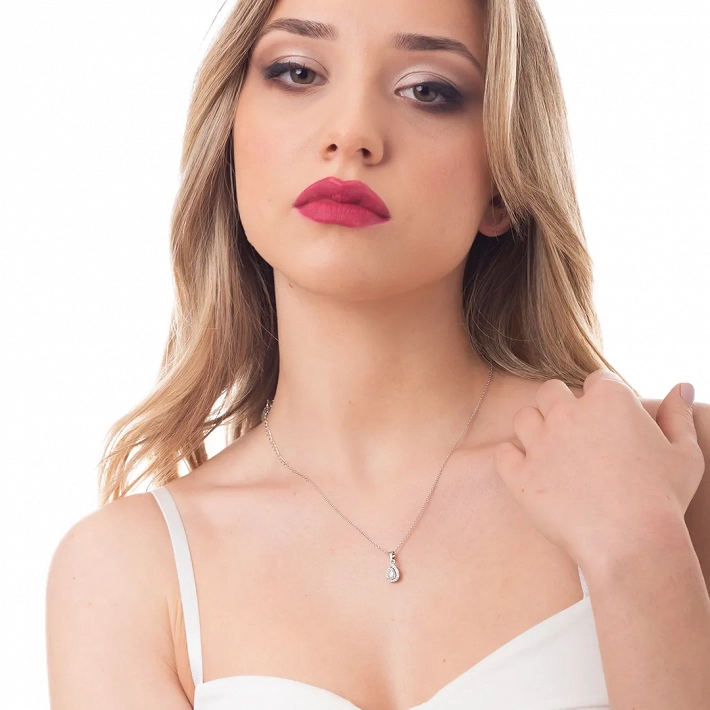 Oxzen κολιέ ασημένιο μικρό δάκρυ με λευκά ζιργκόν