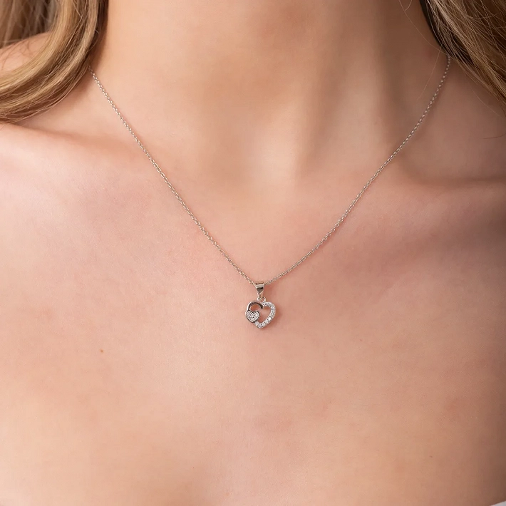 Oxzen κολιέ ασημένιο διπλή καρδιά με λευκά ζιργκόν