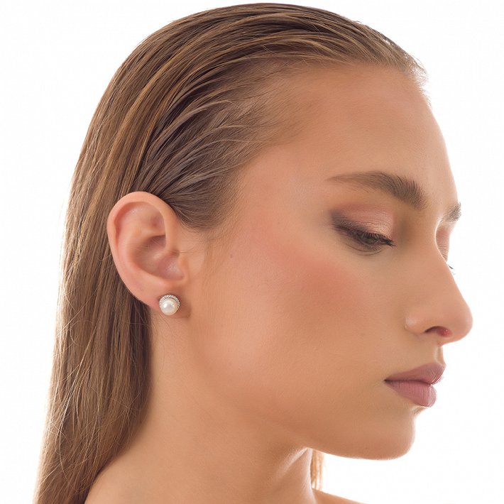 Oxzen σκουλαρίκια καρφωτά ασημένια με πέρλα και πέτρες ζιργκόν