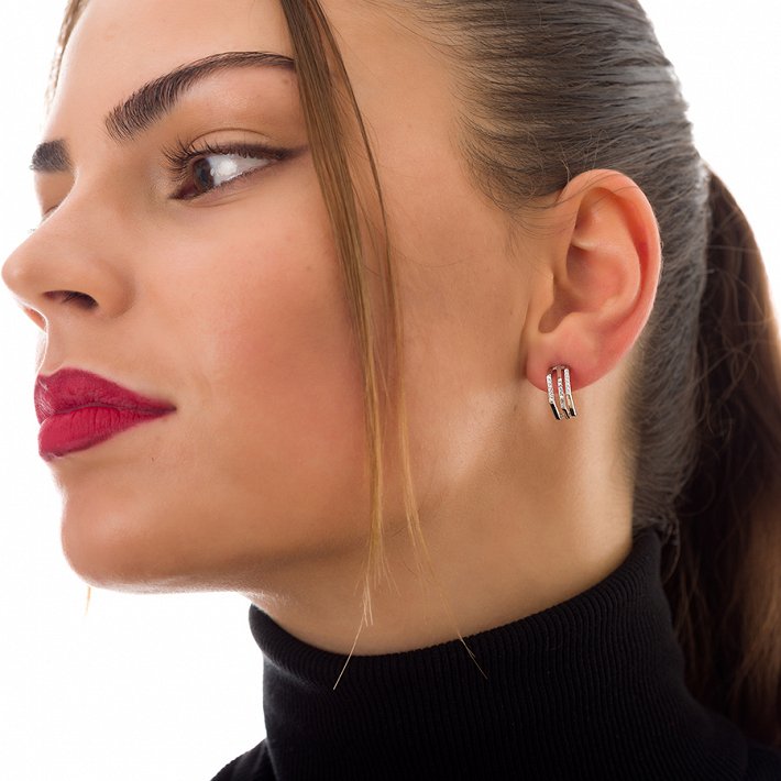 Oxzen σκουλαρίκια κρικάκια μικρά ασημένια τριπλά με πέτρες ζιργκόν