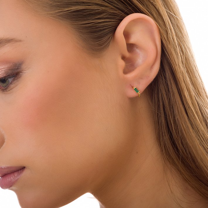 Oxzen σκουλαρίκια κρικάκια μικρά ασημένια με πράσινο ζιργκόν