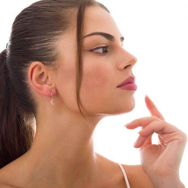 Oxzen σκουλαρίκια κρικάκια μικρά ασημένια με κρεμαστό μισοφέγγαρο ζιργκόν