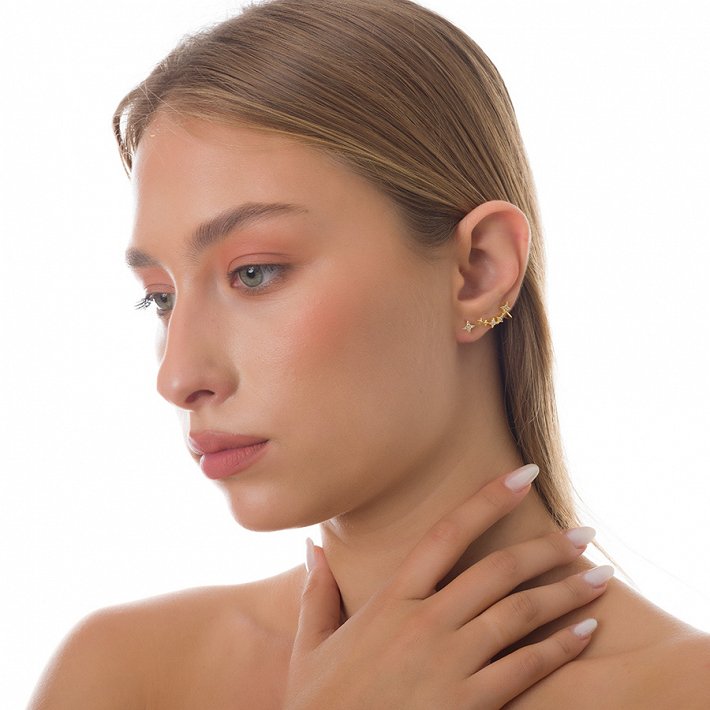 Oxzen σκουλαρίκι ασημένιο Ear climber με λευκά ζιργκόν