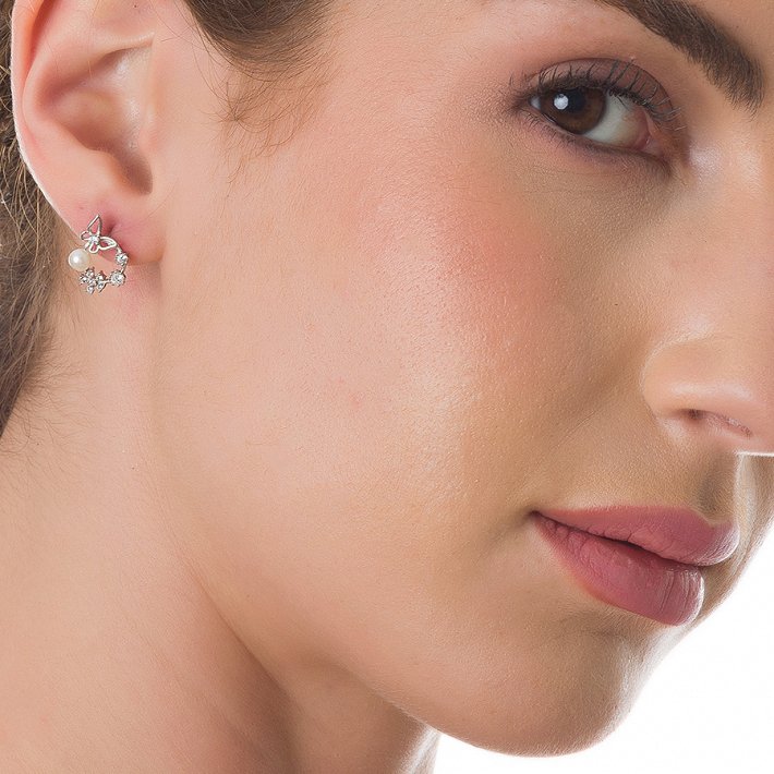 Oxzen σκουλαρίκια καρφωτά ασημένια με πέρλες και λευκά ζιργκόν