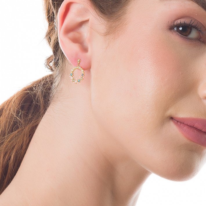 Oxzen σκουλαρίκια καρφωτά ασημένια με ροζ ορυκτές πέτρες και πράσινα ζιργκόν