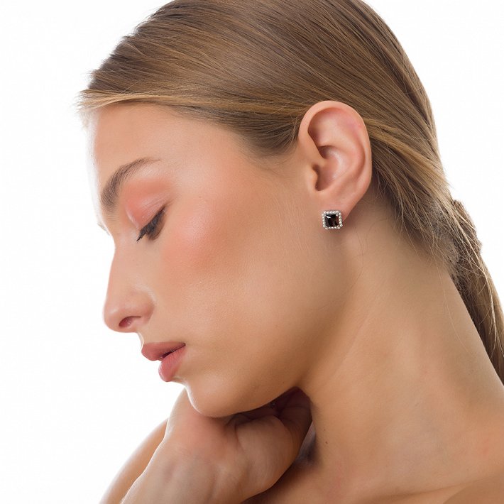 Oxzen σκουλαρίκια καρφωτά ασημένια τετράγωνο με περλίτσες και μαύρο ζιργκόν