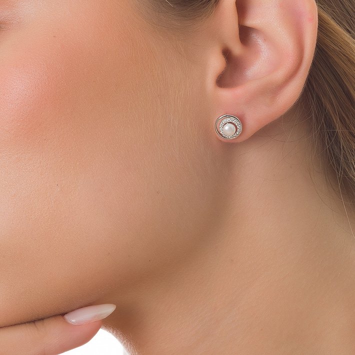 Oxzen σκουλαρίκια καρφωτά ασημένια με πέρλα και λευκά ζιργκόν