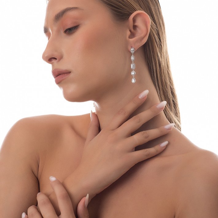 Oxzen σκουλαρίκια κρεμαστά ασημένια μακρύ γεμάτο με λευκά ζιργκόν