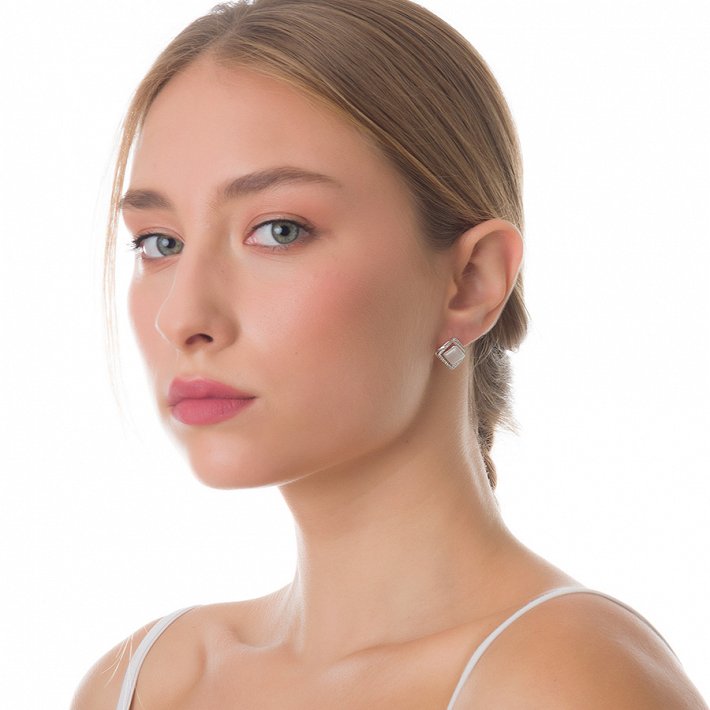 Oxzen σκουλαρίκια καρφωτά ασημένια τετράγωνα με οπάλιο και λευκά ζιργκόν