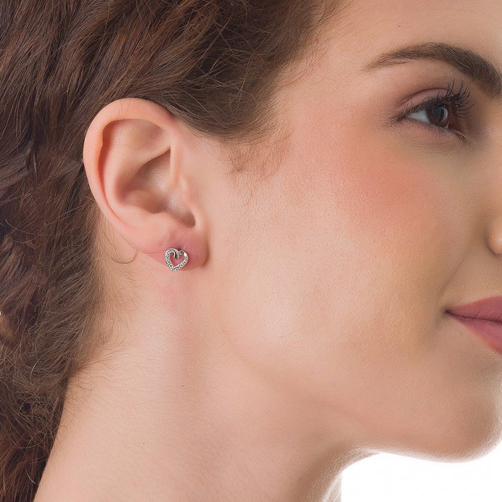 Oxzen σκουλαρίκια καρφωτά ασημένια καρδιά με λευκά ζιργκόν