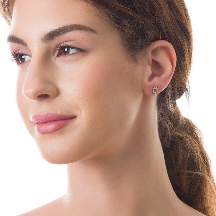 Oxzen σκουλαρίκια καρφωτά ασημένια δελφινάκι με λευκά ζιργκόν