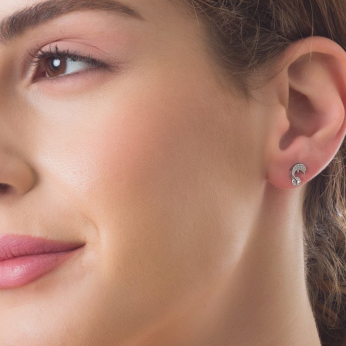 Oxzen σκουλαρίκια καρφωτά ασημένια δελφινάκι με λευκά ζιργκόν