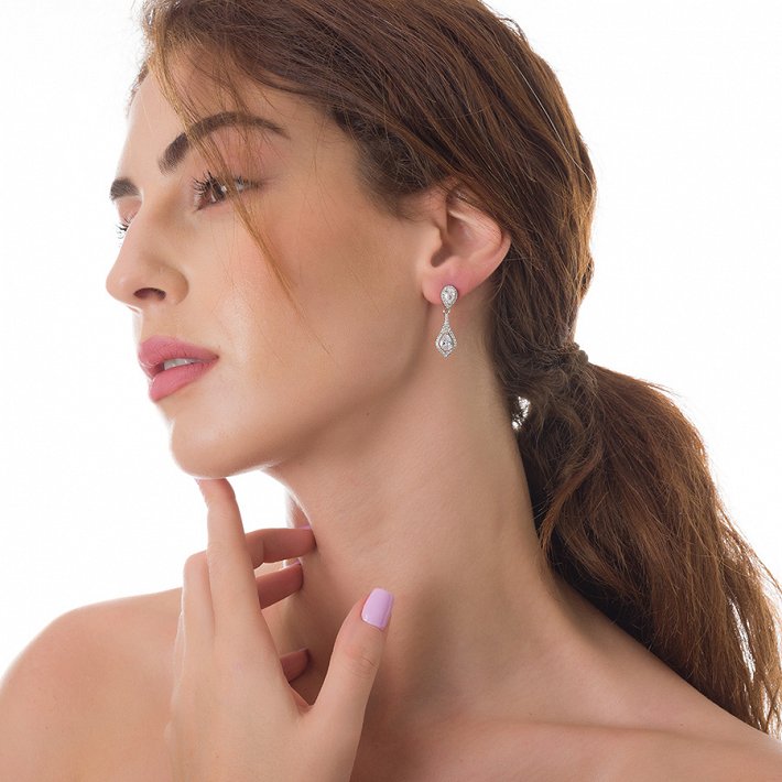 Oxzen σκουλαρίκια κρεμαστά ασημένια με λευκά ζιργκόν