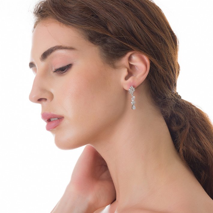 Oxzen σκουλαρίκια κρεμαστά ασημένια με λευκά ζιργκόν