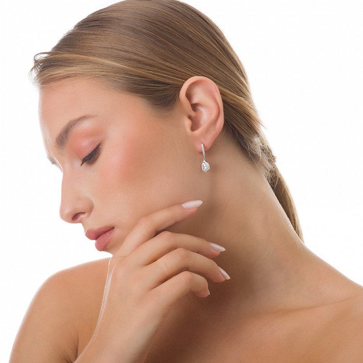 Oxzen σκουλαρίκια κρίκοι ασημένιοι με δάκρυ και λευκά ζιργκόν