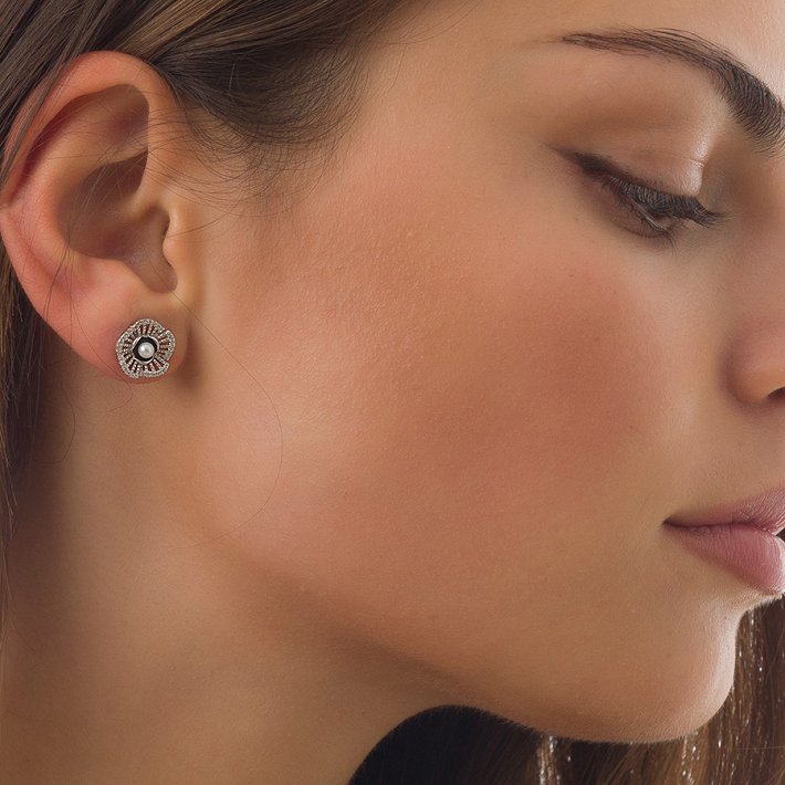 Oxzen σκουλαρίκια καρφωτά ασημένια με πέρλα και πέτρες ζιργκόν