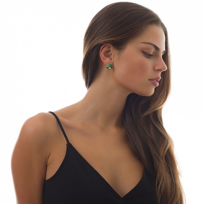 Oxzen σκουλαρίκια καρφωτά ασημένια χειροποίητα με τετράγωνη πέτρα από σμάλτο