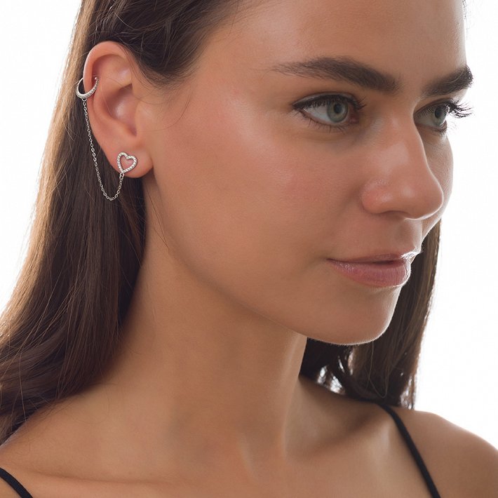 Oxzen σκουλαρίκι κρικάκι μικρό ασημένιο με καρδιά και λευκά ζιργκόν