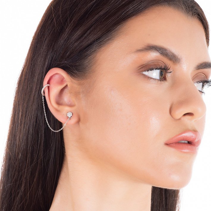 Oxzen σκουλαρίκι κρικάκι μικρό ασημένιο με μαργαρίτα και λευκά ζιργκόν